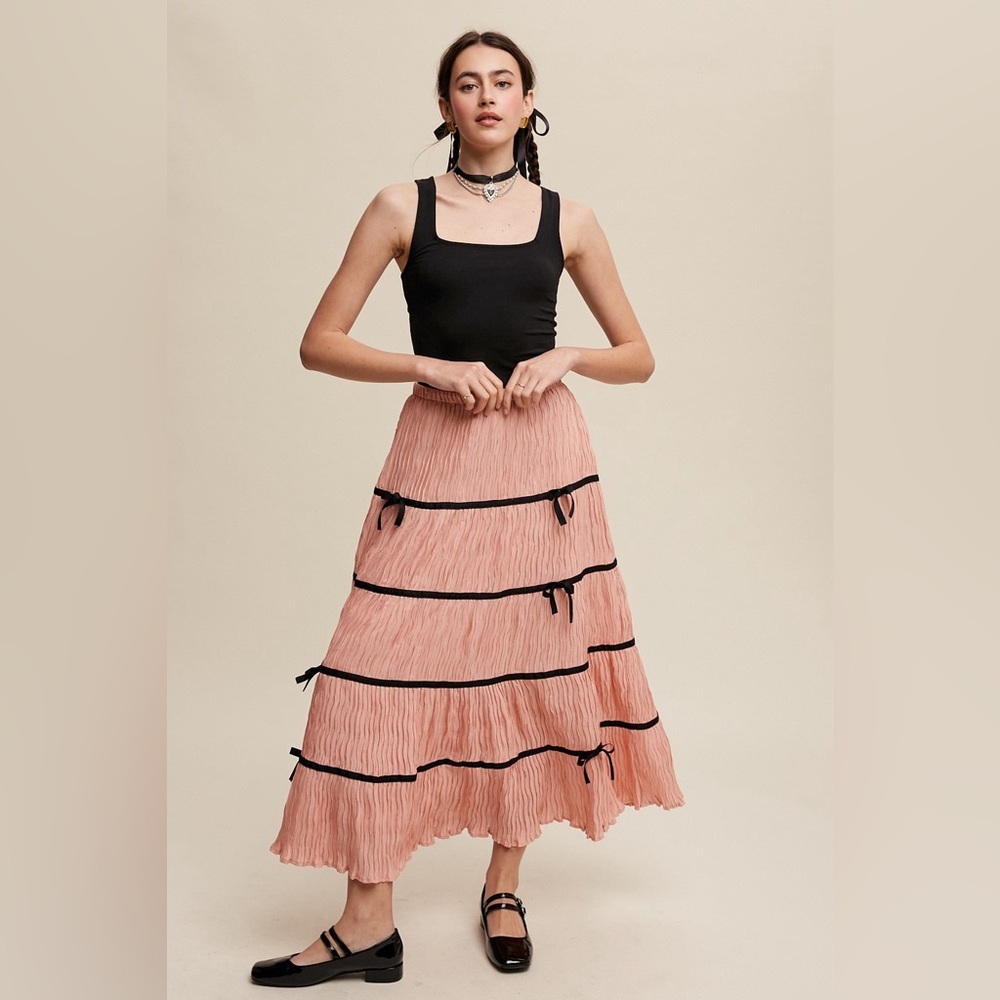 Plisse Bow Contrast Trim Maxi Skirt - Listicle - Picture 1 of 6